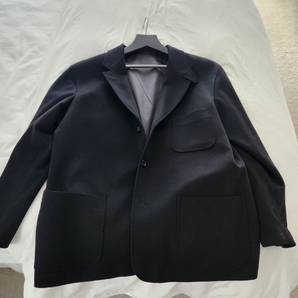 Men's Black Wool-Blend Pea Coat with Patch Pockets